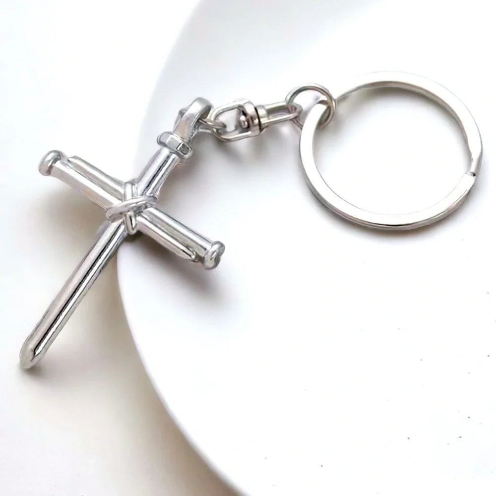 3 Nail Cross Keychain Religious Christian Key Ring Accessory Silver Unisex Gift